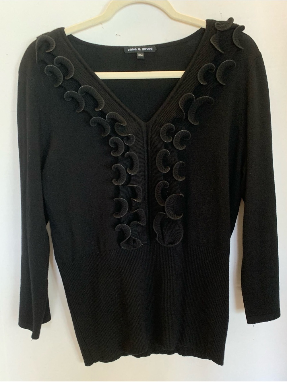 Gable and Gauge Black V-Neck Sweater with Decorative Trim. Medium